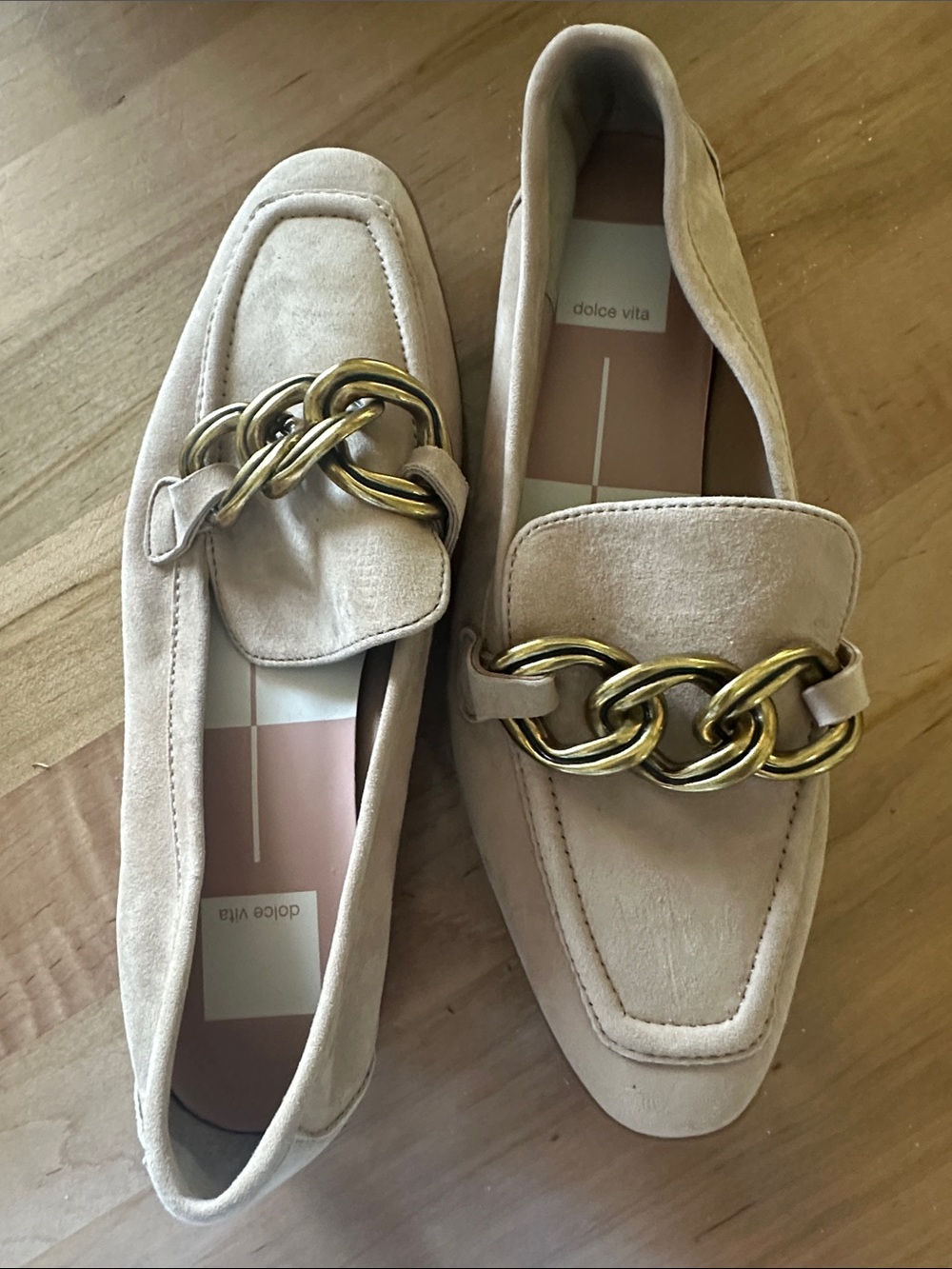 Dolce Vita Blush Suede Loafers with Gold Chain Accent